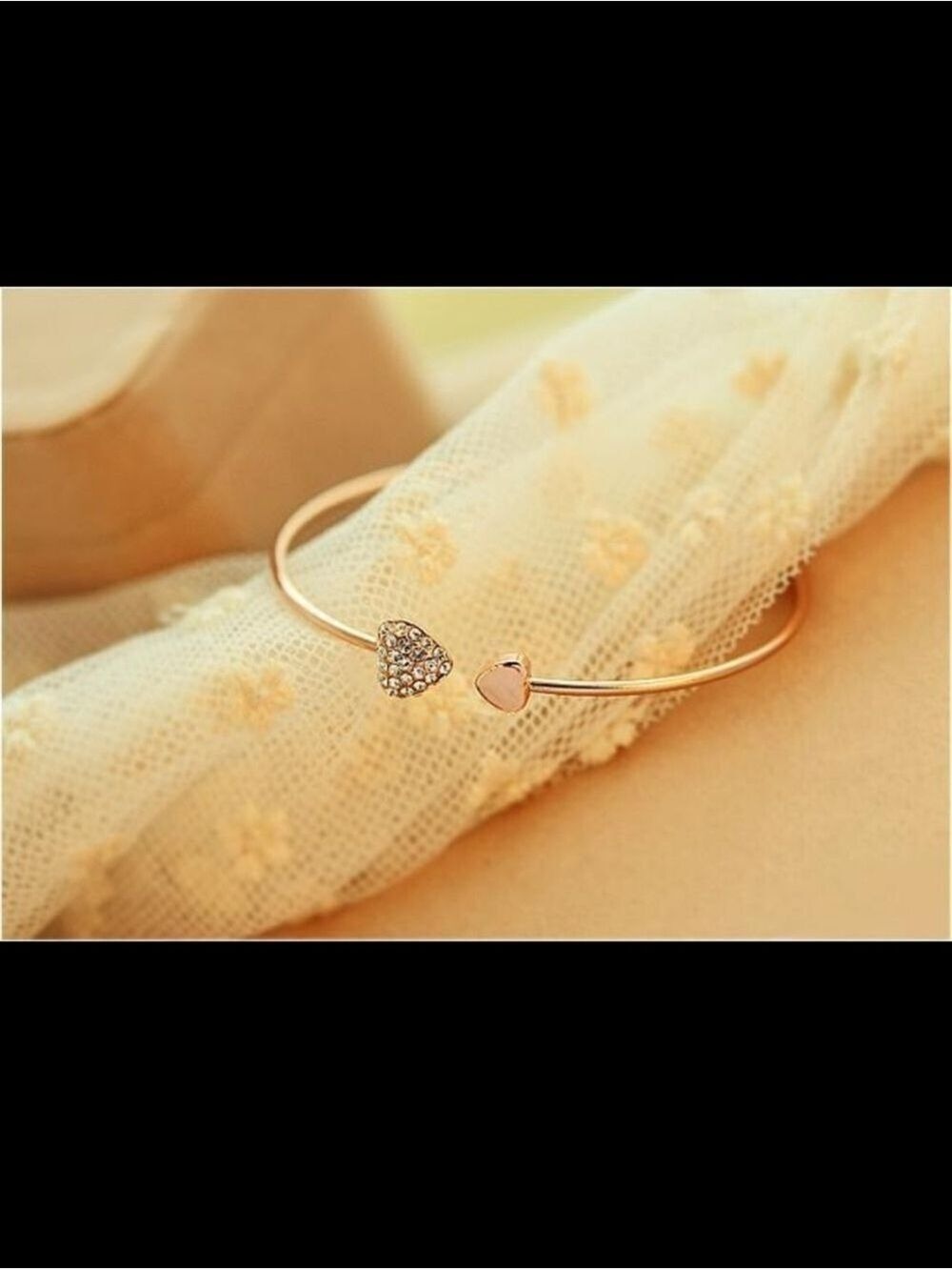 Rose Gold Alloy Heart Rhinestone Open Cuff Bangle Bracelet - Picture 9 of 12